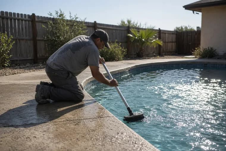 Pool technician working beside a backyard pool